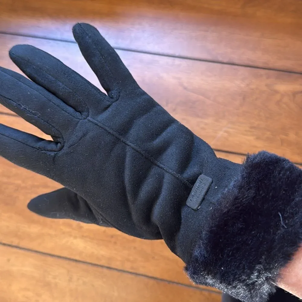 Black Warm Winter Touchscreen Gloves - Faux Suede & Faux Fur